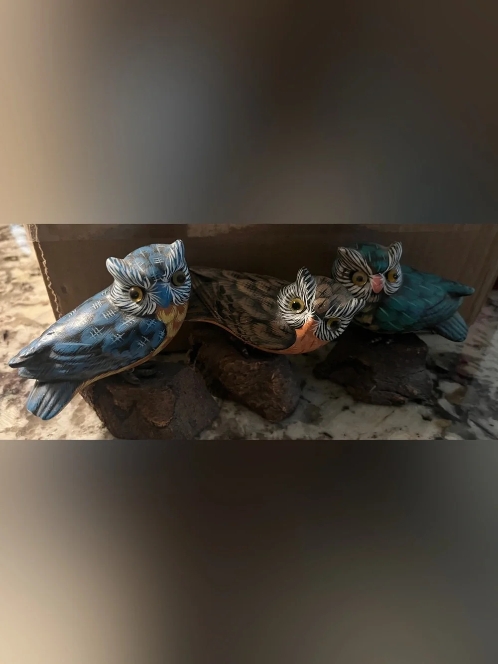 Enesco Hand-painted Owl Figurines on a wood base Blue, Brown, Teal